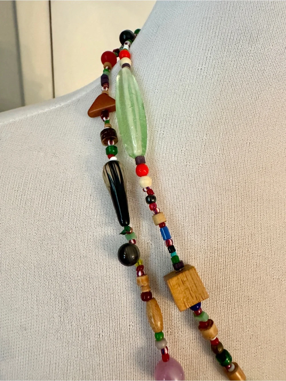 Vintage Artisan Collector Bead Necklace Handblown Glass Wood Clay Carved Bird Ex